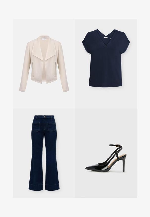 Damesjas in crèmekleur met brede revers, open voorkant, lange mouwen en twee verticale ritszakken aan de voorzijden.; Navyblauwe blouse met korte mouwen, V-hals en subtiel kruisdetail bij de halslijn, plat liggend op een lichte achtergrond.; Donkerblauwe high-waist spijkerbroek met brede pijpen, opgestikte voorzakken, riemlussen en omgeslagen zoom.; Zwarte lakleren hoge hak slingback schoenen met spitse neus, verstelbare enkelband en open zijkanten. Gladde textuur.
