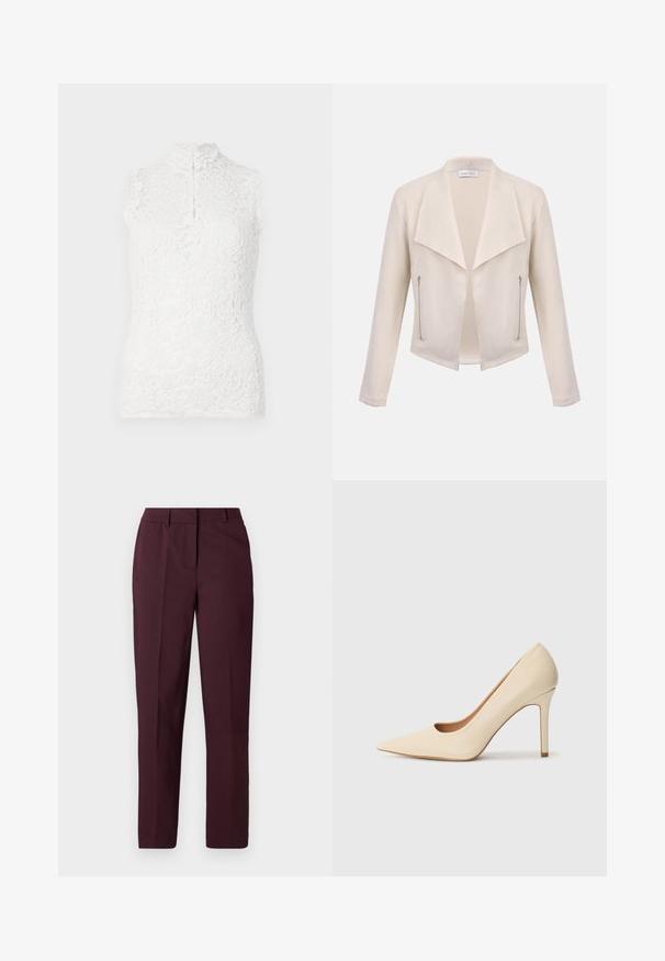Veste femme couleur crème avec larges revers, devant ouvert, manches longues et deux poches zippées verticales sur les côtés avant.; Haut sans manches en dentelle blanche avec col montant, motif floral et fermeture à boutons sur fond uni.; Pantalon droit bordeaux avec une texture lisse, présentant un devant plat et sans poches visibles. Coupe ajustée avec une coupe classique.; Escarpin en cuir beige à talon haut avec un bout pointu et un détail découpé sur le côté, possédant un talon stiletto fin pour le soutien.
