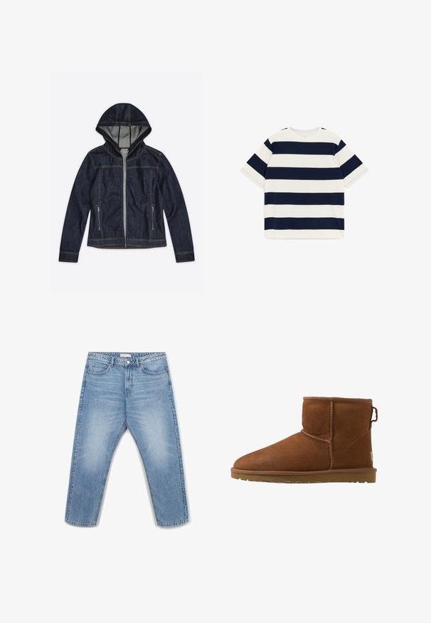 Dunkelblaue Jeans-Kapuzensjacke mit durchgehendem Reißverschluss vorne und zwei seitlichen Reißverschlusstaschen, mit Kontrastnähten und langen Ärmeln.; Kurzärmliges Rundhalsoberteil mit breiten dunkelblauen und weißen horizontalen Streifen, flach auf weißem Hintergrund liegend.; Hellblaue Jeans aus Denim mit geradem Bein, fünf Taschen, Metallknopfverschluss und dezenten Ausbleichungen auf dem Stoff.; Braune Wildleder-Ankle Boots mit runder Zehenpartie, genähten Akzenten und gummierter Sohle. Mit einem Zugriemen an der Rückseite für ein einfaches An- und Ausziehen.