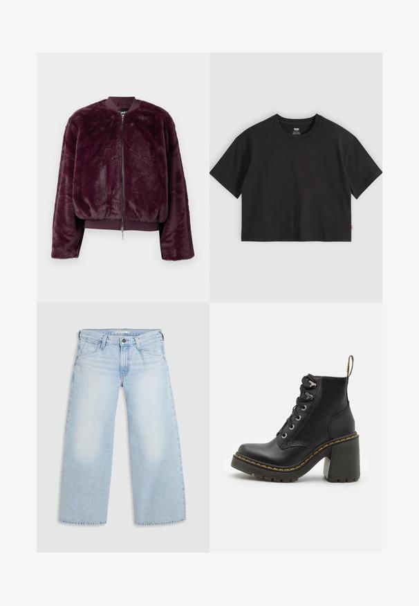 Veste bomber en fausse fourrure violet profond avec fermeture éclair à l'avant, poignets et ourlet côtelés. Texture douce avec une coupe décontractée et sans motifs visibles.; T-shirt noir court à manches courtes avec col rond et petite étiquette rouge Levi's sur la couture latérale, posé à plat sur un fond gris clair.; Jean large bleu clair en denim. Présente une coupe droite, un design à cinq poches et une fermeture par bouton à la taille.; Bottine en cuir noir avec un talon haut chunky, un laçage à l'avant, des œillets en métal et une couture jaune le long de la semelle. Semelle en caoutchouc texturé.