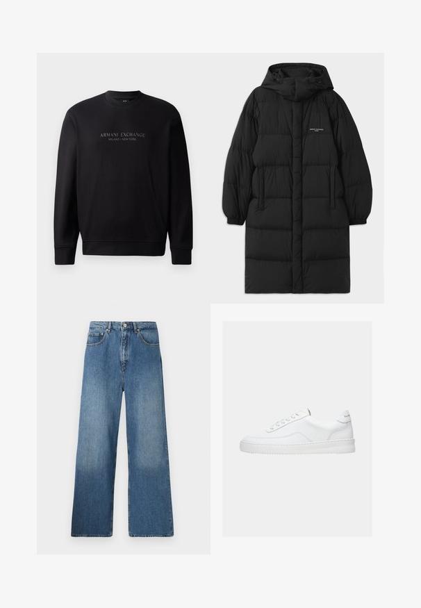Manteau rembourré noir avec capuche, présentant un design matelassé et des poignets élastiques. L'avant comprend des poches latérales et un petit logo.; Sweat-shirt noir à col rond avec "ARMANI EXCHANGE MILANO / NEW YORK" en texte en relief sur le devant. Le tissu est lisse avec des poignets côtelés.; Jean en denim bleu à jambes évasées avec un design classique à cinq poches, fermeture à bouton à l'avant et légères décolorations pour ajouter de la texture.; Baskets basses blanches avec un design à lacets, dessus en cuir lisse et semelle épaisse, montrées de profil sur un fond uni.