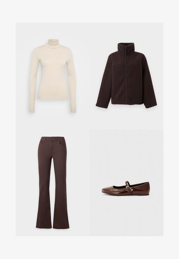 Mørkebrun fleecejakke med fuld lynlås foran, høj krave og lange ærmer, vist på ensartet lys baggrund.; Vero Moda Tall VMHAPPINESS ROLLNECK - Striktrøje - oatmeal; Mørkebrune højtaljede jeans med knap- og lynlås lukning, forlommer og vidde i benene på en ensfarvet lys baggrund.; Brun patentlæder balletflade med firkantet tå og strop med en lille guldbuckle. Glat tekstur, lav hæl og minimalistisk design.