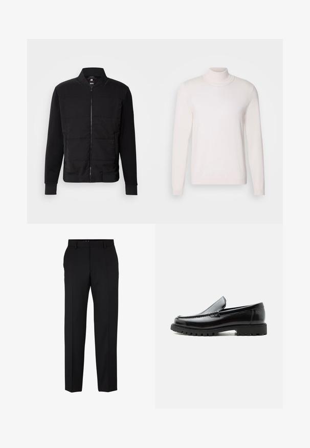 Veste bomber noire avec un torse rembourré, des manches unies, des poignets côtelés et une fermeture éclair à l'avant. Le matériau combine des mélanges synthétiques et de coton.; Pull à col roulé rose clair avec des manches longues, texture douce, col et poignets côtelés, présentant un design classique et ajusté.; Pantalons noirs en tissu, offrant une coupe ajustée, des jambes droites, des passants de ceinture, sans motifs ni embellissements visibles. Design classique.; Mocassin en cuir noir avec semelle en caoutchouc épaisse, dessus cousu et nom de marque embossé sur le talon, présenté de profil sur fond blanc.