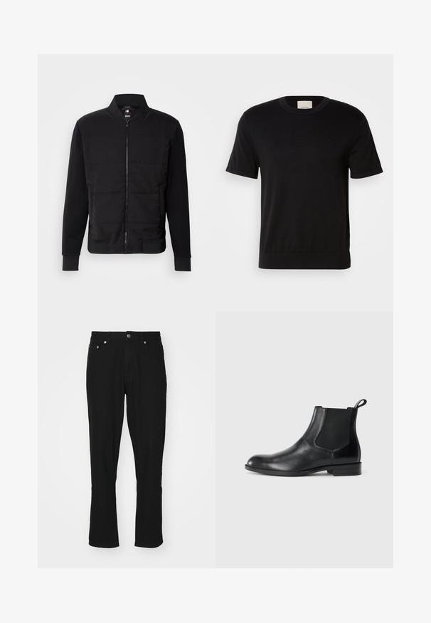 Schwarze Bomberjacke mit gepolstertem Oberkörper, festen Ärmeln, gerippten Bündchen und einem Frontreißverschluss. Material aus einer Mischung von synthetischen Stoffen und Baumwolle.; Schwarzes T-Shirt mit kurzen Ärmeln aus weicher Baumwolle. Es hat einen runden Ausschnitt, eine gerippte Textur und ein dezentes Logo-Detail auf der Brust.; Schwarze Denim-Jeans mit geradem Schnitt, ausgestattet mit einem Fünf-Taschen-Design, silbernem Zubehör und leichter Textur. Keine sichtbaren Muster.; Schwarze Leder-Stiefelette mit elastischen Seiteneinsätzen, abgerundeter Zehenpartie und einem Zugschlauf. Glatte Textur, flache Sohle, minimalistisches Design.