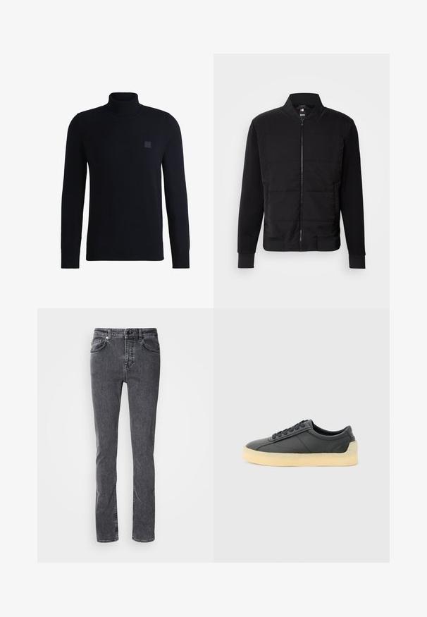 Sort bomberjakke med polstret torso, ensfarvede ærmer, ribbede manchetter og lynlås foran. Materialet er en blanding af syntetiske fibre og bomuld.; Marineblå højhalset sweater lavet af blødt strikmateriale, med lange ærmer og ribbestrikket krave. Inkluderer et firkantet logo-patch på brystet.; Mørkegrå denimjeans, lige snit, fem lommer, kontrastsyning, lynlås og knaplukning. Ingen synlige mønstre eller pynt.; Sort lavtstående lædersneaker med rund tå, sorte snørebånd og tyk off-white gummisål, vist fra siden på lysegrå baggrund.