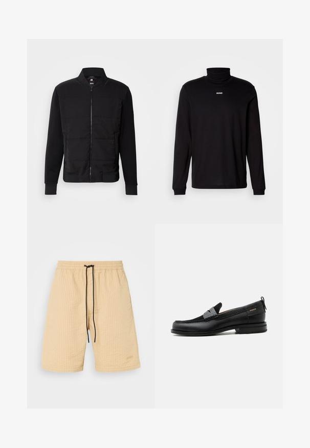 Μαύρα bomber jacket με επενδυμένο κορμό, ενιαία μανίκια, ριμπ μανσέτες και μπροστινό φερμουάρ. Το υλικό συνδυάζει συνθετικές και βαμβακερές ίνες.; Μαύρο μπλουζάκι με ψηλό γιακά και μακριά μανίκια, φτιαγμένο από λεία ύφανση, με λευκό λογότυπο "HUGO" στο στήθος, με εφαρμοστά μανίκια και τελείωμα.; Μπεζ σορτσάκια με υφή υφάσματος, ελαστική μέση και μαύρη κορδόνι. Διαθέτουν μια διακριτική λογότυπο. Σχεδίαση κανονικής κοπής.; Μαύρος δερμάτινος λόφερ με γκρι λουράκι, χαμηλό τακούνι και υφασμένο πέλμα, με το λογότυπο "HUGO" σε χρυσό στο πλάι.
