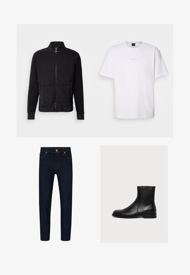 Sort bomberjakke med polstret torso, ensfarvede ærmer, ribbede manchetter og lynlås foran. Materialet er en blanding af syntetiske fibre og bomuld.; Hvid bomulds T-shirt med korte ærmer, rund halsudskæring og præget "BOSS" logo på brystet. Glat tekstur, standard pasform.; Mørkeblå denimjeans med slim fit, kontrasterende orange syninger og klassisk knaplukning. Har forlommer og smalle ben.; Sort glat læderankelstøvle med lav hæl og sidelukning med lynlås, mærket Hugo nær den øverste kant.