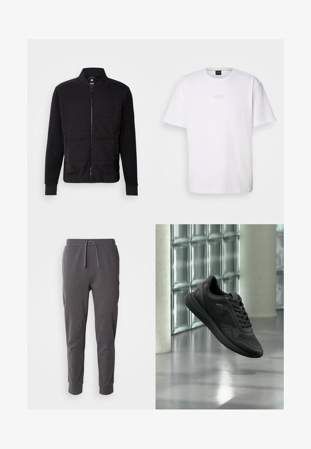 Sort bomberjakke med polstret torso, ensfarvede ærmer, ribbede manchetter og lynlås foran. Materialet er en blanding af syntetiske fibre og bomuld.; Hvid bomulds T-shirt med korte ærmer, rund halsudskæring og præget "BOSS" logo på brystet. Glat tekstur, standard pasform.; Grå joggebukser lavet af blød stof med snor i taljen, har sidelommer og et tapered ankel design.; Sort BOSS sneaker med mesh og læderdetaljer, svævende over en poleret gulv mod vægge af glasblokke.