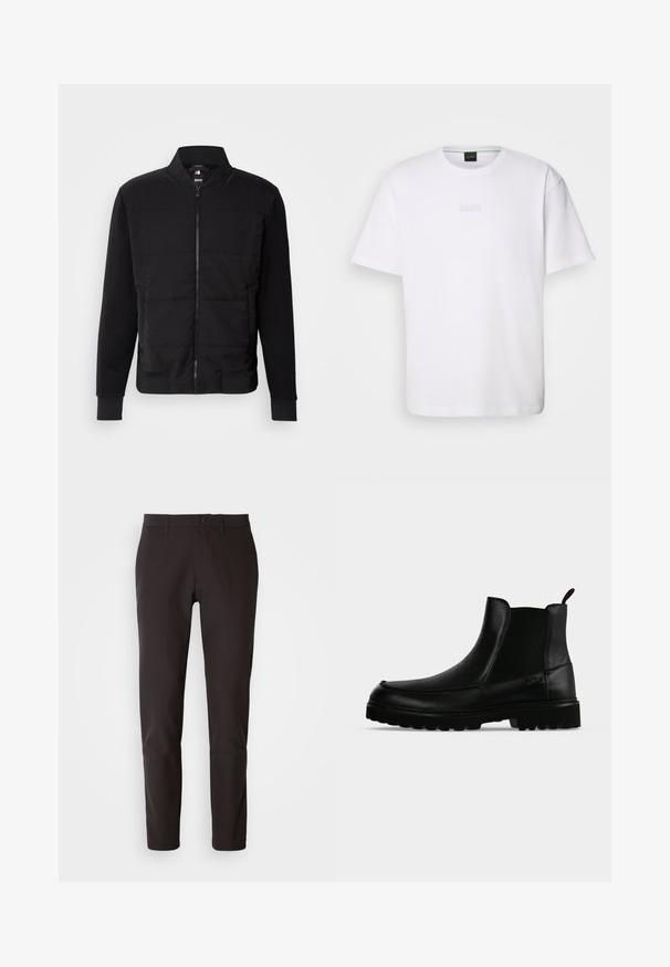 Μαύρα bomber jacket με επενδυμένο κορμό, ενιαία μανίκια, ριμπ μανσέτες και μπροστινό φερμουάρ. Το υλικό συνδυάζει συνθετικές και βαμβακερές ίνες.; Λευκή βαμβακερή μπλούζα κοντομάνικη, με στρογγυλή λαιμόκοψη και εντυπωσιακό λογότυπο "BOSS" στο στήθος. Λείο υφή, κανονική εφαρμογή.; Μαύρο παντελόνι φτιαγμένο από λείο ύφασμα, με ίσια γραμμή, κανονική ζώνη με κλείσιμο κουμπιού και χωρίς ορατές τσέπες ή σχέδια.; Μαύρο δερμάτινο μποτάκι μέχρι τον αστράγαλο με υφασμένη σόλα, ελαστικά πλαϊνά πάνελ και θηλιά έλξης σε ανοιχτό γκρι φόντο.