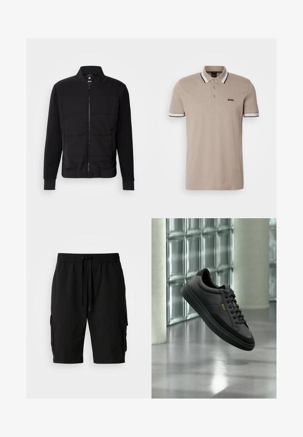 Must have musta, millel on padjakleidi torso, ühtlast värvi varrukad, soonikud ja eesmine lukuga sulgemine. Materjal koosneb sünteetilisest ja puuvillasegust.; Beige polo särk klassikalise kraega, lühikeste varrukatega ja musta ja valge aktsendiga äärega. Rinna kohal tikitud 'BOSS' logo.; Mustad mustad lühikesed püksid, mis on valmistatud kergest kangast, painduva vöökoha, nööri ja külgmiste cargo-taskutega täiendava salvestusruumi jaoks.; Mustast nahast madala säärega tennisejalanõu mustade paelte ja kuldse "BOSS" logoga, õhus klaasplokkseinaga ja halli põrandaga taustal.