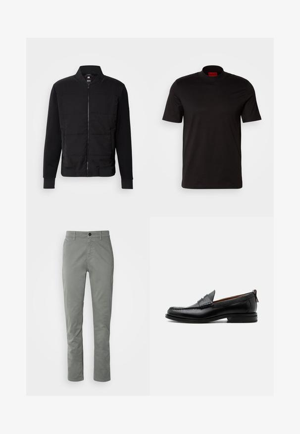 Veste bomber noire avec un torse rembourré, des manches unies, des poignets côtelés et une fermeture éclair à l'avant. Le matériau combine des mélanges synthétiques et de coton.; T-shirt noir à manches courtes avec un design à col haut. Fabriqué en tissu lisse. Présente une étiquette de marque rouge à l'intérieur du col.; BOSS CHINO TAPERED - Chino - open grey; Mocassin homme en cuir noir avec couture moc toe, bride penny, col texturé et petit talon empilé sur fond blanc.