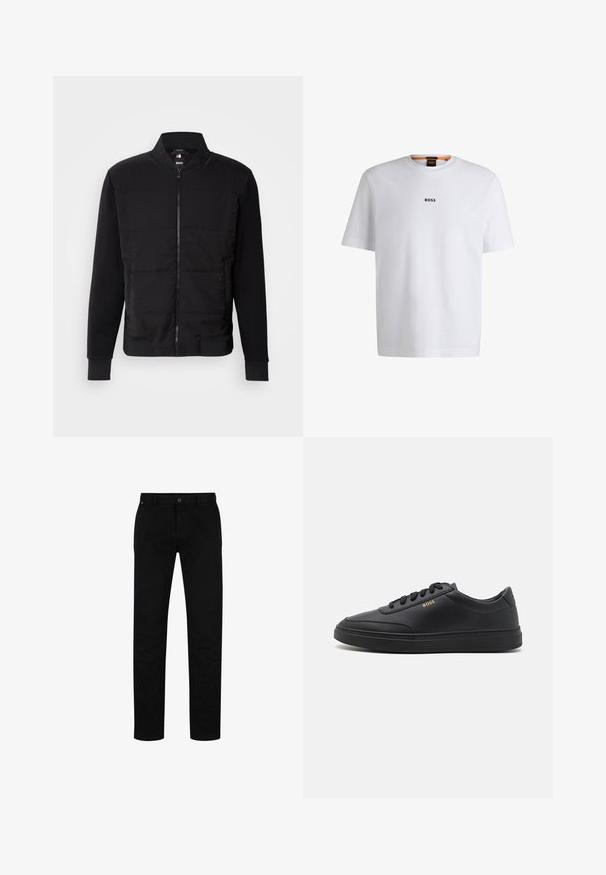 Schwarze Bomberjacke mit gepolstertem Oberkörper, festen Ärmeln, gerippten Bündchen und einem Frontreißverschluss. Material aus einer Mischung von synthetischen Stoffen und Baumwolle.; Weißes Baumwoll-T-Shirt mit kurzen Ärmeln, ausgestattet mit einem schwarzen "BOSS"-Logo, das mittig auf der Brust platziert ist, und einem runden Halsausschnitt.; Schwarze Baumwollhosen mit geradem Schnitt, featuring einen Knopfverschluss, Gürtelschlaufen und minimalistischem Design. Glatte Textur, ohne Muster.; Schwarze Leder-Sneaker mit glatter Textur, runder Zehenpartie, flacher Gummisohle und einfarbigen Schnürsenkeln. Mit goldfarbenem "BOSS" Logo an der Seite.