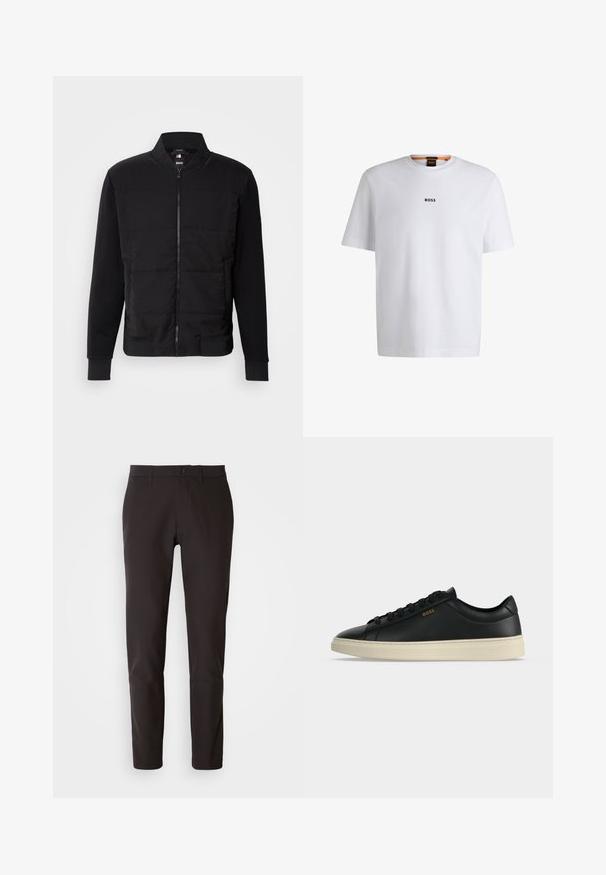 Sort bomberjakke med polstret torso, ensfarvede ærmer, ribbede manchetter og lynlås foran. Materialet er en blanding af syntetiske fibre og bomuld.; Hvid bomuld T-shirt med korte ærmer, med et sort "BOSS" logo centreret på brystet og en rund halsudskæring.; Sorte bukser lavet af glat stof, med lige snit, standard linning med knaplukning og uden synlige lommer eller mønstre.; Sort lavtop lædersneaker med hvid sål, sorte snørebånd og lille gyldent BOSS-logo på siden.