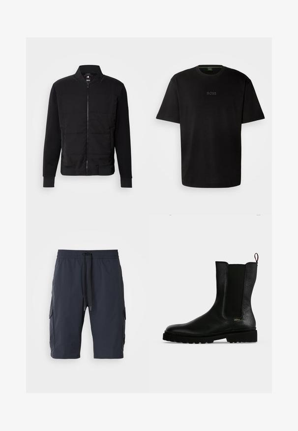 Zwarte bomberjack met een gevoerde torso, stevige mouwen, ribgebreide manchetten en een ritssluiting aan de voorkant. Materiaal is een mix van synthetische vezels en katoen.; Zwarte katoenen T-shirt met een ronde hals, korte mouwen en een subtiel 'BOSS' logo in het midden geembosd. Eenvoudig, minimalistisch ontwerp.; Marine cargoshorts met een elastische tailleband, een trekkoord aan de voorkant, zijzakken en een gladde textuur. Duurzaam materiaal, geschikt voor casual dragen.; Zwarte leren enkellaars met elastisch zijpaneel, dikke zool en treklus aan de achterkant, met een klein gouden "Hugo" logo vlak bij de hiel.