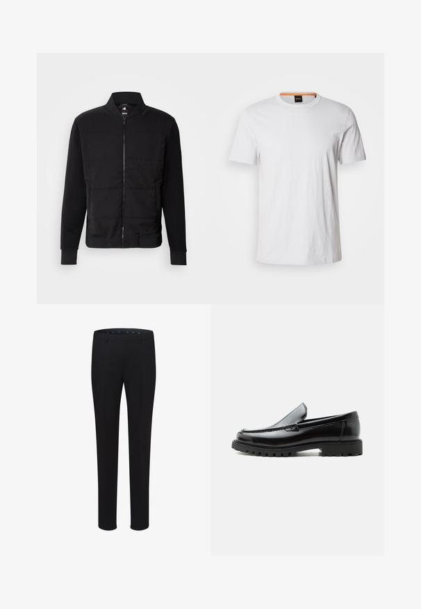Veste bomber noire avec un torse rembourré, des manches unies, des poignets côtelés et une fermeture éclair à l'avant. Le matériau combine des mélanges synthétiques et de coton.; T-shirt blanc à manches courtes en coton doux, avec un col rond et un subtil détail de logo assorti en blanc sur le devant.; Pantalons noirs ajustés avec une texture lisse, une coupe droite et des passants de ceinture. Présentent une coupe classique sans motifs ni accents visibles.; Mocassin en cuir noir avec semelle en caoutchouc épaisse, dessus cousu et nom de marque embossé sur le talon, présenté de profil sur fond blanc.