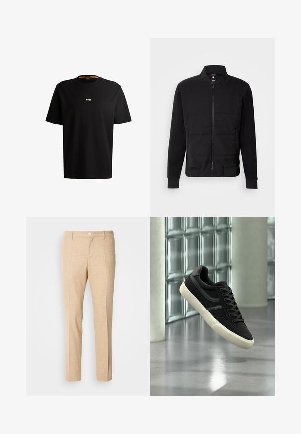 Sort bomberjakke med polstret torso, ensfarvede ærmer, ribbede manchetter og lynlås foran. Materialet er en blanding af syntetiske fibre og bomuld.; Sort bomulds t-shirt med rund halsudskæring, korte ærmer og hvid "BOSS" logo centreret på brystet. Glat tekstur, afslappet pasform.; Beige skræddersyede bukser med en struktureret stof, lige ben-design, frontklapper og en enkelt knaplukning i taljen.; Sort lavt sneakersko med hvid sål og snørebånd, mærket "BOSS", svævende indendørs nær glasblokvinduer og betonpiller.