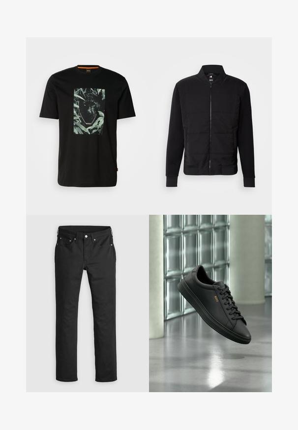 Sort bomberjakke med polstret torso, ensfarvede ærmer, ribbede manchetter og lynlås foran. Materialet er en blanding af syntetiske fibre og bomuld.; Sort bomulds t-shirt med et centralt grafik af en panter omgivet af blade, med en kædekrave og "BOSS" tekst. Korte ærmer.; Sorte denimbukser med lige ben, der har lynlås i gylpen, fem lommer og metalknapdetaljer. Glat tekstur.; Sort lavtopet lædersneaker med sorte snørebånd og gyldent BOSS-logo på siden, svævende over en blank grå gulv i et moderne indendørs rum.