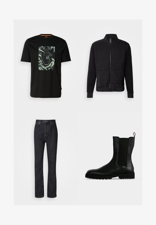 Schwarze Bomberjacke mit gepolstertem Oberkörper, festen Ärmeln, gerippten Bündchen und einem Frontreißverschluss. Material aus einer Mischung von synthetischen Stoffen und Baumwolle.; Schwarzes Baumwoll-T-Shirt mit einem zentralen Motiv eines Panthers, umgeben von Blättern, mit einem Kettenkragen und dem Text "BOSS". Kurze Ärmel.; Hochtaillierte schwarze Jeans aus Denim mit Knopf- und Reißverschluss, Vorder- und Hintertaschen sowie einer geraden Passform.; Schwarzer Leder-Stiefelette mit elastischem Seitenteil, grober Sohle und Zuglasche hinten, mit kleinem goldenem "Hugo" Logo nahe der Ferse.