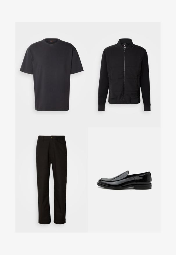 Schwarze Bomberjacke mit gepolstertem Oberkörper, festen Ärmeln, gerippten Bündchen und einem Frontreißverschluss. Material aus einer Mischung von synthetischen Stoffen und Baumwolle.; Schwarzes T-Shirt mit kurzen Ärmeln aus Baumwolle, mit rundem Halsausschnitt und dezentem Branding am Kragen. Weiche Textur mit lässiger Passform.; Schwarze Baumwollhosen mit geradem Schnitt, Gürtelschlaufen, einem Reißverschluss vorne und einem einzelnen Knopfverschluss. Glatte Textur ohne sichtbare Muster.; Schwarzer glänzender Lederslipper mit niedrigem Absatz und abgerundeter Spitze, seitlich auf weißem Hintergrund betrachtet.