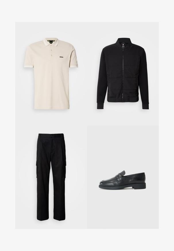 Chaqueta bomber negra que presenta un torso acolchado, mangas sólidas, puños acanalados y un cierre frontal de cremallera. El material combina fibras sintéticas y algodón.; Camisa polo beige con cuello, tapeta de tres botones y logo negro bordado en el lado izquierdo del pecho. Mangas cortas con acentos blancos.; Pantalones cargo negros de corte relajado, con bolsillos laterales, cierre de botón y tela ligera y suave.; Mocasín penny de cuero negro con tacón bajo, puntera redonda y detalle de tira cruzando la parte superior, mostrado de lado sobre fondo blanco.