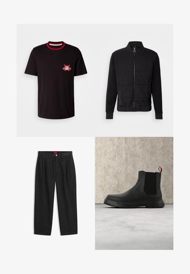 Sort bomberjakke med polstret torso, ensfarvede ærmer, ribbede manchetter og lynlås foran. Materialet er en blanding af syntetiske fibre og bomuld.; Sort bomulds T-shirt med en rund rød og hvid ribbet krave. Den har et rødt og hvidt broderet logo på venstre bryst.; Sorte bukser med høj talje med forreste læg, bæltestropper, knap og lynlås lukning samt en rød label indeni linningen.; Sort ankelstøvle med en glat overflade, elastiske sidepaneler og en kontrasterende rød træksløjfe, der har en tyk gummisål og rund tå.