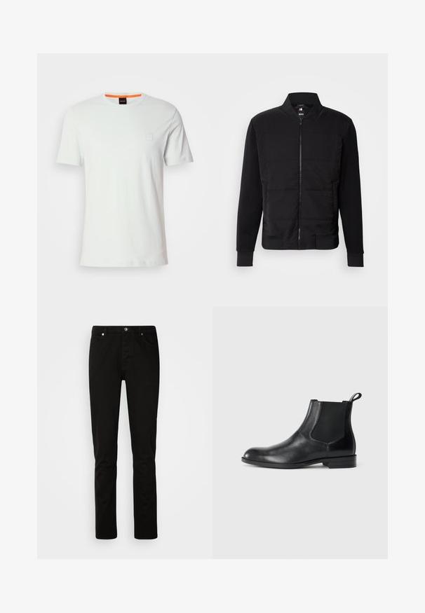 Veste bomber noire avec un torse rembourré, des manches unies, des poignets côtelés et une fermeture éclair à l'avant. Le matériau combine des mélanges synthétiques et de coton.; T-shirt en coton blanc à manches courtes, col côtelé, patch logo sur la poitrine gauche en bleu clair, avec un accent orange à l'intérieur du col.; Jeans noirs à jambe droite avec fermeture devant par bouton et fermeture éclair, poches avant et arrière, présentés sur un fond clair uni.; Bottine en cuir noir avec des panneaux latéraux élastiques, bout rond et tirette. Texture lisse, semelle plate, design minimaliste.