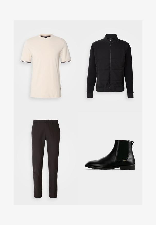 Μαύρα bomber jacket με επενδυμένο κορμό, ενιαία μανίκια, ριμπ μανσέτες και μπροστινό φερμουάρ. Το υλικό συνδυάζει συνθετικές και βαμβακερές ίνες.; Μπεζ κοντομάνικο μπλουζάκι από βαμβάκι, με στρογγυλή λαιμόκοψη, αντίθετο trim στα μανίκια και ετικέτα λογότυπου στο πλάι.; Μαύρο παντελόνι φτιαγμένο από λείο ύφασμα, με ίσια γραμμή, κανονική ζώνη με κλείσιμο κουμπιού και χωρίς ορατές τσέπες ή σχέδια.; Μαύρη δερμάτινη μπότα αστραγάλου με ελαστικό πλαϊνό πάνελ, χαμηλό τακούνι, ταινία έλξης στην πίσω πλευρά και μικρό χρυσό λογότυπο "HUGO" στην εξωτερική πλευρά.