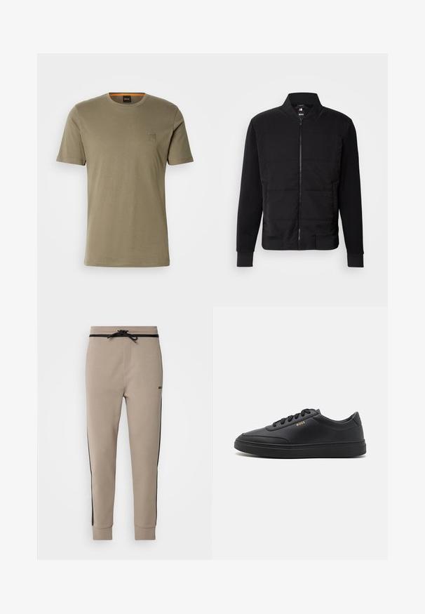 Schwarze Bomberjacke mit gepolstertem Oberkörper, festen Ärmeln, gerippten Bündchen und einem Frontreißverschluss. Material aus einer Mischung von synthetischen Stoffen und Baumwolle.; Olivegrünes Kurzarm-T-Shirt aus Baumwolle mit Rundhalsausschnitt und einem kleinen quadratischen Logopatch auf der linken Brust. Glatte Textur.; Beige Jogginghose mit schwarzen Seitenstreifen, mit einem elastischen Bund und Kordelzug, mit Bündchen an den Knöcheln und einem Logo am linken Bein.; Schwarze Leder-Sneaker mit glatter Textur, runder Zehenpartie, flacher Gummisohle und einfarbigen Schnürsenkeln. Mit goldfarbenem "BOSS" Logo an der Seite.