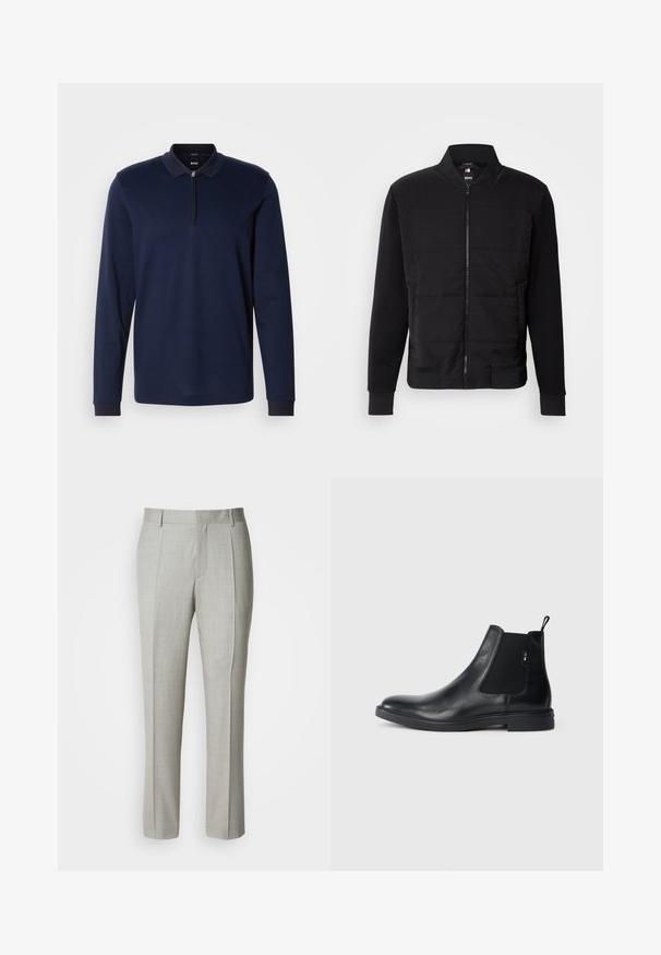 Schwarze Bomberjacke mit gepolstertem Oberkörper, festen Ärmeln, gerippten Bündchen und einem Frontreißverschluss. Material aus einer Mischung von synthetischen Stoffen und Baumwolle.; Marineblaues Langarm-Polohemd mit Reißverschlusskragen, strukturiertem Stoff und kontrastierendem dunklem Kragenbesatz. Verfügt über eng anliegende Bündchen und ein dezentes Muster.; Hellgraue, maßgeschneiderte Hose aus glattem Stoff mit geradem Schnitt, vorderen Abnähern und klassischem Bund mit Gürtelschlaufen.; Schwarze Leder Chelsea-Boots mit elastischen seitlichen Einsätzen, einer Zugschlaufe und einer flachen Gummisohle. Glatte Textur mit minimaler Ausgestaltung.