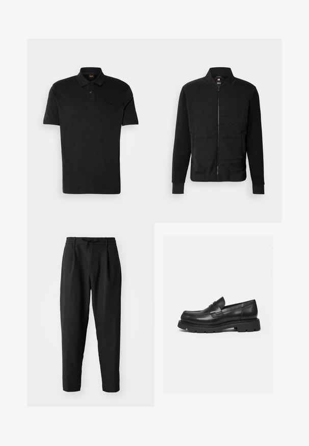 Schwarze Bomberjacke mit gepolstertem Oberkörper, festen Ärmeln, gerippten Bündchen und einem Frontreißverschluss. Material aus einer Mischung von synthetischen Stoffen und Baumwolle.; Schwarzes Polo-Shirt aus Baumwolle, mit klassischem Kragen, zwei Knöpfen und einem gestickten Logo auf der Brust. Kurze Ärmel.; Schwarze, schmal zulaufende Hose mit elastischem Bund und Kordelzug. Glattes, leichtes Material, ausgestattet mit Falten und Seitentaschen.; Schwarzer Lederloafer mit dicker, profilierter Sohle und Pennyriemen-Detail, von der rechten Seitenansicht auf weißem Hintergrund gezeigt.