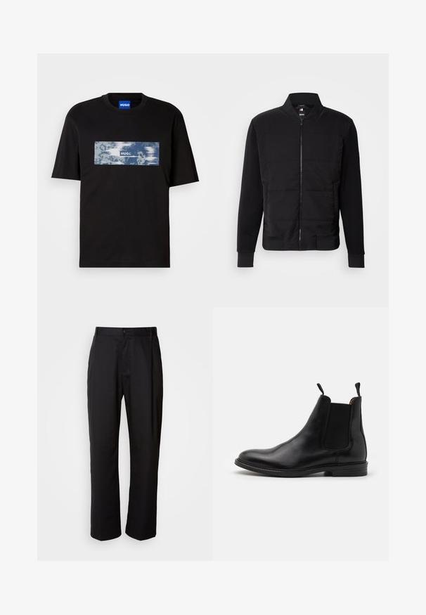 Zwarte bomberjack met een gevoerde torso, stevige mouwen, ribgebreide manchetten en een ritssluiting aan de voorkant. Materiaal is een mix van synthetische vezels en katoen.; Zwarte T-shirt met korte mouwen met een blauw-witte rechthoekige graphic en de tekst "HUGO" op de borst, en een blauw label binnenin de kraag.; Zwarte broek met een rechte snit, gemaakt van lichtgewicht stof. Heeft een frontale knoopsluiting en twee zijzakken; gladde textuur.; Zwarte leren Chelsea boot met elastische zijpanelen, ronde neuzen, aantreklussen en een lage gestapelde hak. Glad materiaal en klassiek ontwerp.