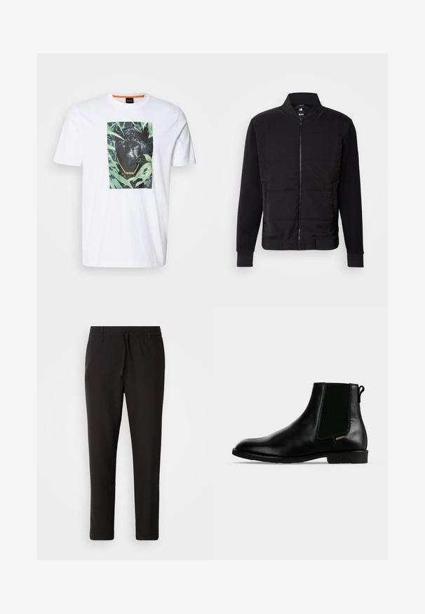 Μαύρα bomber jacket με επενδυμένο κορμό, ενιαία μανίκια, ριμπ μανσέτες και μπροστινό φερμουάρ. Το υλικό συνδυάζει συνθετικές και βαμβακερές ίνες.; Λευκό βαμβακερό μπλουζάκι με έντονη γραφική παραστάση μαύρης τίγρης περιτριγυρισμένης από πράσινη φυτική ύλη, με χρυσή αλυσίδα και λεπτομέρεια branding.; Μαύρο παντελόνι τζόγκινγκ φτιαγμένο από λείο ύφασμα. Διαθέτει ελαστική μέση με κορδόνι, κωνικά πόδια και χωρίς ορατές τσέπες. Απλός σχεδιασμός.; Μαύρη δερμάτινη μπότα αστραγάλου με ελαστικό πλαϊνό πάνελ, χαμηλό τακούνι, ταινία έλξης στην πίσω πλευρά και μικρό χρυσό λογότυπο "HUGO" στην εξωτερική πλευρά.