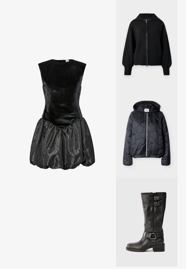 Schwarze gesteppte Kapuzenjacke mit Frontreißverschluss, zwei Seitentaschen und Kordelzügen an der Kapuze, flach auf hellem Hintergrund ausgelegt.; Schwarze Strickjacke mit Reißverschluss, breitem Kragen, gerippten Bündchen und geripptem Saum.; Schwarzes ärmelloses Kleid mit einem taillierten Samtoberteil und einem strukturierten, gerafften Satinrock mit einem glänzenden Erscheinungsbild. Mit Reißverschluss auf der Rückseite.; Schwarze Lederstiefel bis zur Mitte der Wade mit zwei silbernen Schnallen oben und einem dekorativen Riemen mit einem Metallring um den Knöchel, Blockabsatz.