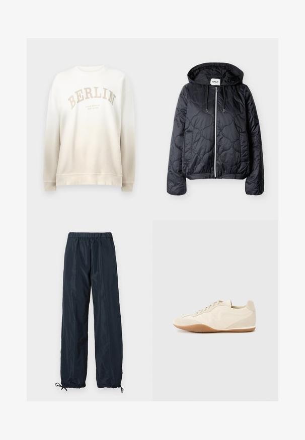 Sort quiltet hættejakke med frontlynlås, to sidelommer og snore i hætten, lagt fladt på en lys baggrund.; Creme sweatshirt med gradientfade. Har "BERLIN" trykt i lys beige i en bue og ribbede manchetter og hals. Blød tekstur.; Marineblå vindjakke bukser med elastisk talje, justerbare manchetter og et glat, let materiale. Hel-længde design uden lommer.; Lyse beige sneakers med en tekstureret læderoverdel, teksturerede sider og en gummisål. Har et slankt, strømlinet design og flade snørebånd.