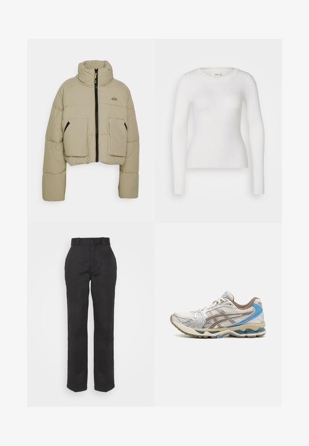 Chaqueta acolchada recortada en beige claro con un alto cuello, cremallera negra, dos bolsillos frontales y textura acolchada. Logo de la marca en la parte superior izquierda.; Top blanco de manga larga con costuras acanaladas y escote redondo. La tela es suave, con una textura sutil y un diseño ajustado. Sin hardware ni patrones visibles.; Pantalones negros con una textura suave, diseño de pierna recta y cintura con cinturón. Presenta una silueta simple y clásica sin patrones adicionales.; Zapatilla de running blanca y beige con detalles azules, parte superior de malla, suela acolchada y diseño con cordones, mostrada desde el lado exterior.