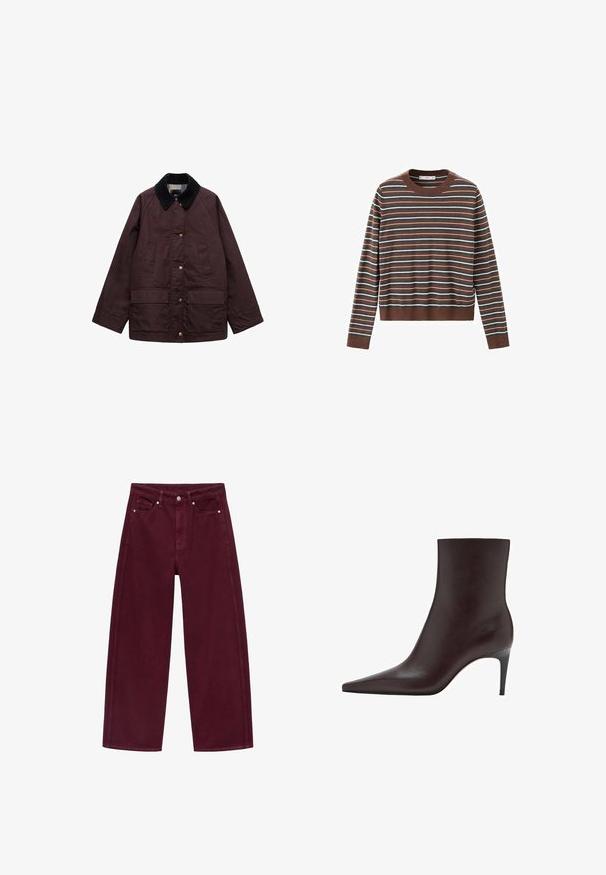 Bordeaux jack met een corduroy kraag, voorzien van gouden drukknoopjes en twee voorzakken. De binnenkant heeft een geruite voering.; Trui met lange mouwen en ronde hals met horizontale strepen in bruin, grijs, wit en zwart, met geribbelde manchetten en zoom.; Bordeaux wijde jeans van denim, met een vier-pocket ontwerp en metalen knoopsluiting met bijpassende stiksels.; Bruine leren enkelboot met een spitse neus, slanke schacht en een dunne, hoge hak. Gladde textuur, minimalistisch ontwerp, geen zichtbare hardware.