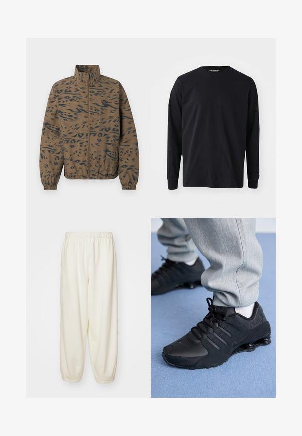 Bruine jas met ritssluiting, zwarte abstracte dierenprint, elastische manchetten en zoom, en een klein logo aan de linkerkant van de borst.; Zwart langarm t-shirt van katoen, met een ronde halslijn en rechte snit, voorzien van een klein logo detail op de mouw.; Crème-kleurige sweatpants van zachte stof, met een elastische tailleband en taps toelopende manchetten, in een comfortabele pasvorm zonder zichtbare patronen.; Persoon in zwarte Nike Shox sneakers en een grijze joggingbroek staand op een lichtblauw tapijt.