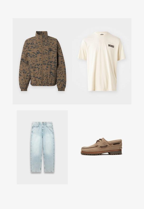 Brun lynlåslukket jakke med sort abstrakt dyreprint, elastiske manchetter og kant samt et lille logo på venstre bryst.; Lys beige bomulds t-shirt med korte ærmer og rund halsudskæring. Har en mørkebrun logo tekst "DICKIES" på venstre brystområde.; Lyseblå denimjeans med løs pasform, lige ben, falmet tekstur, fem-lomme design og metalknaplukning i taljen.; Beige ruskind bådsko med snørebånd, robust sål, lædersnører og polstret krave, der viser Timberland-logoet på siden.
