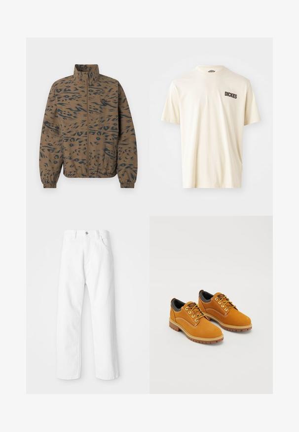 Brun lynlåslukket jakke med sort abstrakt dyreprint, elastiske manchetter og kant samt et lille logo på venstre bryst.; Lys beige bomulds t-shirt med korte ærmer og rund halsudskæring. Har en mørkebrun logo tekst "DICKIES" på venstre brystområde.; Hvide denimbukser med lige ben-design, der har en frontknap og lynlås lukning, fem lommer og en ren, tekstureret overflade.; Brune ruskindssko med rund tå, gule snørebånd, en polstret sort krave og gummisåler med skridsikre riller.