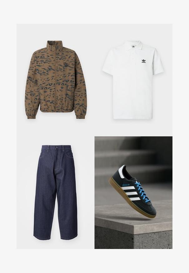 Braune Jacke mit Reißverschluss, schwarzem abstraktem Tierdruck, elastischen Bündchen und Saum sowie einem kleinen Logo auf der linken Brust.; Weißes Baumwoll-Poloshirt mit klassischem Kragen, dreiknöpfiger Leiste und schwarzem, gesticktem Adidas-Logo auf der linken Brust. Kurzärmlig.; Dunkelblaue Denim-Jeans mit einem lockeren, weiten Schnitt. Zu den Merkmalen gehören ein Knopfverschluss, Fronttaschen und sichtbare Nähte.; Schwarzer Adidas-Sneaker mit weißen Streifen, blauen Schnürsenkeln und Gummisohle, der über einer grauen Betontreppe im weichen Licht schwebt.