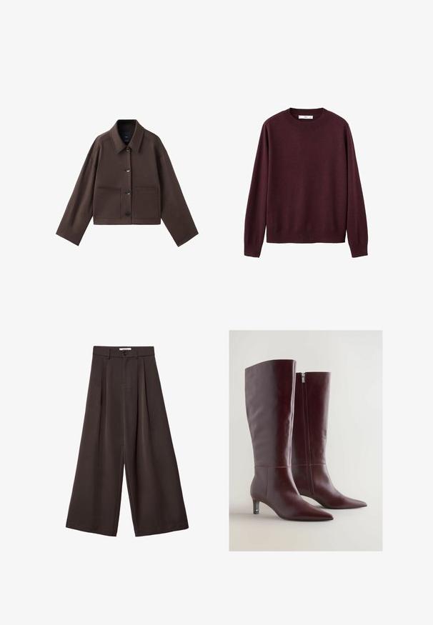 Braune, kurz geschnittene Jacke mit klassischem Kragen, großen Fronttaschen und Knopfverschluss. Hergestellt aus einem glatten Stoff mit minimalen Nähten.; Bordeauxroter Strickpullover mit rundem Ausschnitt, langen Ärmeln und gerippten Bündchen sowie Saum. Glatte Textur, minimalistisches Design, keine Muster oder Verzierungen.; Dunkelbraune, weit geschnittene Hosen mit vorderen Falten, einem Knopfverschluss und Gürtelschlaufen, vor weißem Hintergrund dargestellt.; Bordeauxfarbene Leder-Stiefel bis zum Knie mit einer verjüngten Spitze, dekorativer Naht und einem seitlichen Reißverschluss. Merkmale einen niedrigen, schlanken Absatz.
