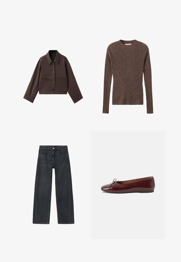 Braune, kurz geschnittene Jacke mit klassischem Kragen, großen Fronttaschen und Knopfverschluss. Hergestellt aus einem glatten Stoff mit minimalen Nähten.; Brauner gerippter Strickpullover mit rundem Halsausschnitt und langen Ärmeln, der eine strukturierte Oberfläche und eine figurnahe Silhouette aufweist.; Weite Jeans aus dunkelgrauem Denim. Mit Fronttaschen und klassischem Fünf-Taschen-Design. Mit Knopfverschluss und dezenten Ausbleichdetails.; Burgunderfarbenes, lackiertes Ballettschuh mit abgerundetem Zehenbereich, kleiner Schleifenakzent vorne und einer niedrigen, schwarzen Gummisohle. Glatte Textur.