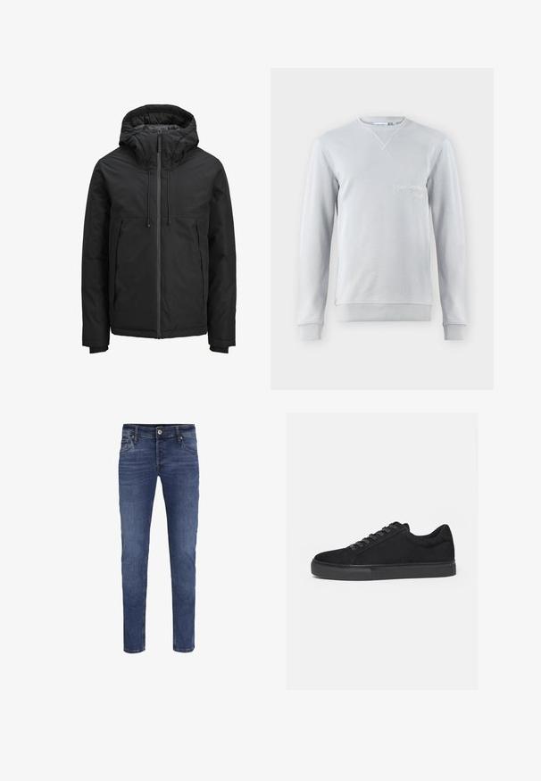 Sort isoleret jakke med hætte, frontlynlås, to sidelommer og ribbede manchetter på lange ærmer.; Lys grå sweatshirt, blanding af bomuld, rund hals, ribbet detaljer ved krave og manchetter, har broderet tekst "SAN BERNARD CALIF." foran.; Slim-fit blå denim jeans til mænd med knap- og lynlåslukning, for- og baglommer samt subtile blege detaljer.; Sort lavtop sneaker med snørelukning foran og flad gummisål, vist fra siden på en hvid baggrund.