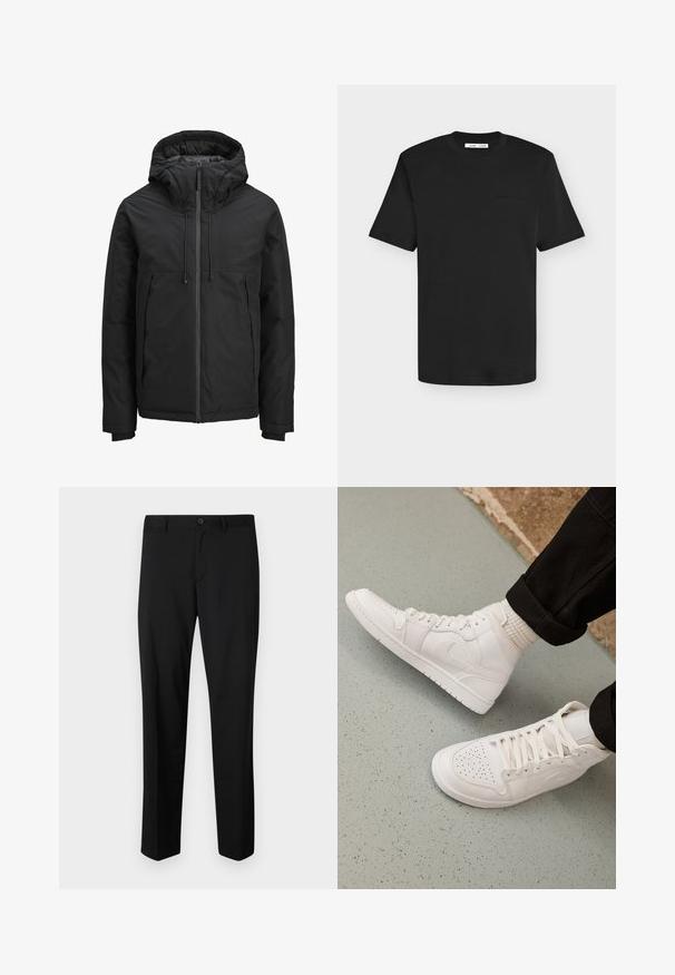 Sort isoleret jakke med hætte, frontlynlås, to sidelommer og ribbede manchetter på lange ærmer.; Sort T-shirt med korte ærmer og rund halsudskæring med diskret tekstlogo på venstre bryst og hvid brandlabel inde i kraven.; Sorte skræddersyede bukser med flad front, standard talje og lige ben. Lavet af glat stof, med en enkelt knaplukning.; Hvide høj-top sneakers lavet af glat læder med perforeret tå, snørelukning og subtil logo detaljer på siden. Tekstureret gummisål.