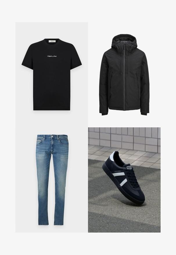 Veste isolée noire avec capuche, fermeture éclair sur le devant, deux poches latérales et poignets côtelés sur les longues manches.; T-shirt en coton noir à manches courtes et col rond, arborant un logo blanc "REPLAY" centré sur la poitrine.; Jean slim bleu en denim avec poches avant et arrière, fermeture par boutons, et détails subtilement délavés aux cuisses et aux genoux.; Sneaker en cuir noir avec des rayures blanches, semelle en caoutchouc texturée et devant à lacets. Présente une étiquette de marque sur la languette.