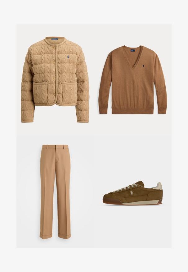 Beige kabelgebreide gewatteerde jas met ronde hals, drukknopen, twee zakken aan de voorkant en een klein blauw geborduurd logo op de linkerborst.; Bruine V-hals trui met lange mouwen en een klein donkerblauw Polo Ralph Lauren-logo aan de linkerkant van de borst, plat gelegd op een witte achtergrond.; Beige op maat gemaakte broek met een rechte pasvorm, gemaakt van zacht materiaal, met een voornaad en omgeslagen boorden aan de zoom.; Bruine suède sneaker met crèmekleurige veters, dikke zool en een klein wit geborduurd logo aan de zijkant.