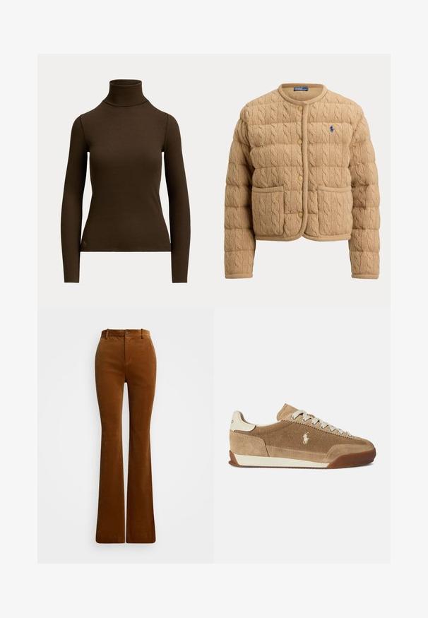 Beige kabelstrikket polstret jakke med rund hals, trykknapper, to forlommer og lille blåt broderet logo på venstre bryst.; Mørkebrunt langærmet ribstrikket polotrøje med tætsiddende silhuet og lille logo nær den nederste kant foran på venstre side.; Brune, flagrende bukser i blød fløjl, med lynlås og knaplukning, samt forlommer og en glat overflade.; Lysebrune ruskindsneakers med lav profil, cremefarvede detaljer, snørelukning og gummiydersål. Har en lille logo på siden.
