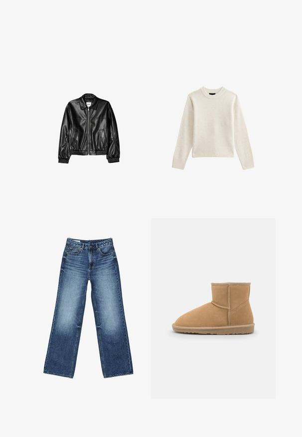 Sort læderjakke med lynlås foran, spids krave og elastiske ærmer. Har to sidelommer og en glat, blank overflade.; Lys beige strikket sweater med ribbet crew hals og kant, som har lange ærmer og en afslappet silhuet. Blød tekstur og minimalistisk design.; Blå denimjeans med falmet vask på lårene, lige bred ben-snit, foran med knap, lynlås og fem-lomme-stil.; Brun ruskinds ankelstøvle med rund tå og polstret krave, der har kontrastsyninger og en tekstureret gummisål.