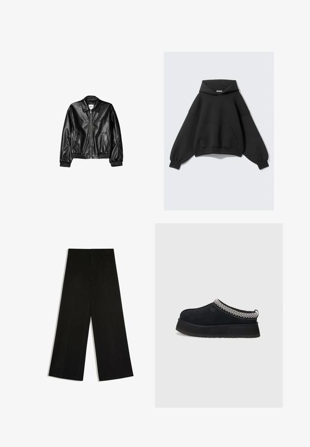 Veste en cuir noire avec fermeture éclair sur le devant, col pointu et poignets élastiques. Dispose de deux poches latérales et d'une finition lisse et brillante.; Sweat à capuche noir à coupe ample, manches longues et poche avant. Fabriqué en tissu doux avec une texture lisse.; Pantalon noir à jambes larges avec passants de ceinture, fermeture devant par bouton et zip, posé à plat sur fond blanc.; Chaussure noire en daim à enfiler avec une semelle plus épaisse, présentant des accents tissés texturés blancs et noirs au col.