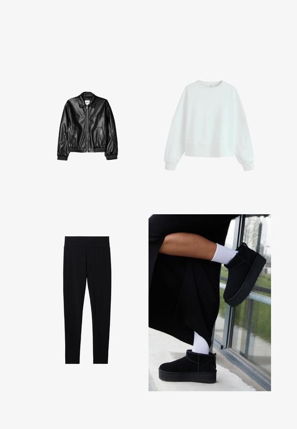 Veste en cuir noire avec fermeture éclair sur le devant, col pointu et poignets élastiques. Dispose de deux poches latérales et d'une finition lisse et brillante.; Sweat-shirt blanc à manches longues avec col rond, poignets et ourlet côtelés, présenté sur un fond blanc uni.; Leggings noirs taille haute avec coupe slim longue, taille lisse, présentés sur fond blanc.; Bottines en cuir suédé noir à semelle plate, avec une languette arrière, portées avec des chevilles blanches sur un fond minimaliste.